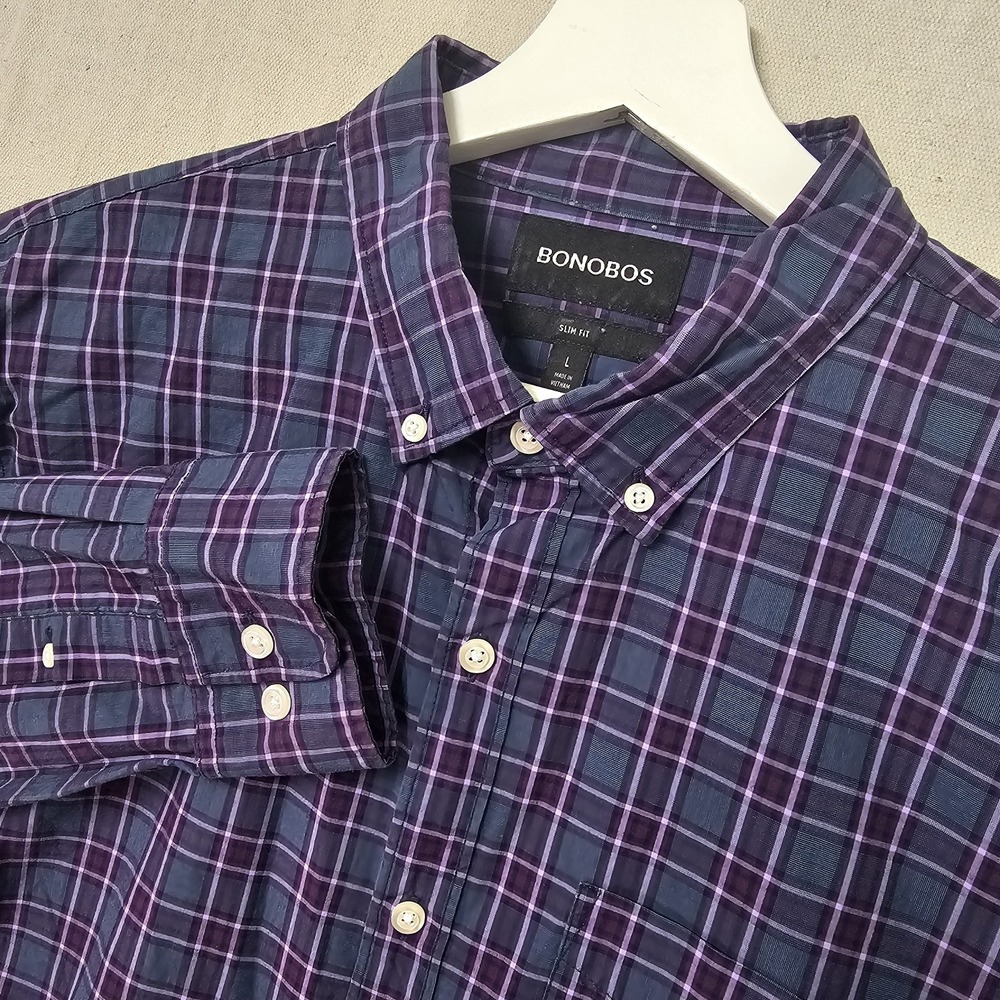 Bonobos Men's Large Gray Purple Plaid Slim Fit Grid Check Button Down Shirt